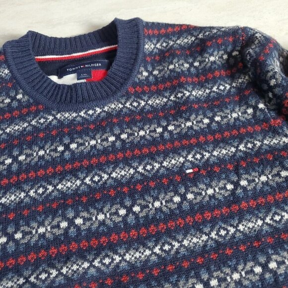 Tommy Hilfiger Sweater Mens Navy Blue Red Stripes Fair Isle Washable Luxe Wool - Picture 6 of 6
